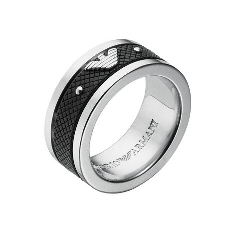 Emporio Armani mens silver and black logo ring