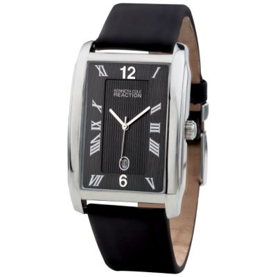 Reaction Men` Black Leather Strap Watch