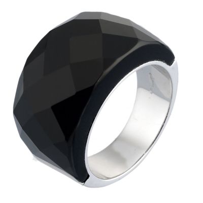 Silver Black Faceted Ring Size R
