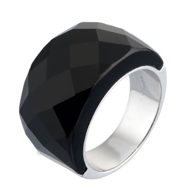 Silver Black Faceted Ring Size N