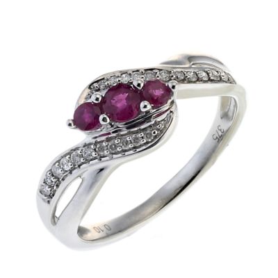 9ct White Gold Diamond and Treated Ruby Three Stone Pave Ring - Product number 6487173
