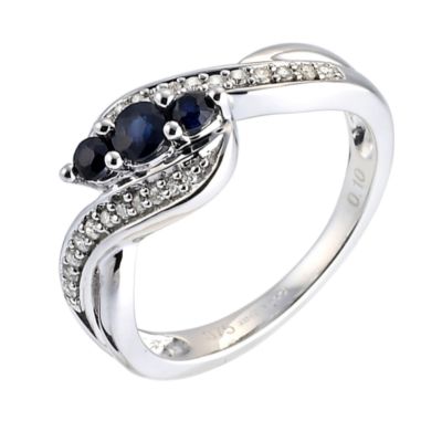 H Samuel 9ct White Gold 3 Stone Sapphire and Diamond Pave