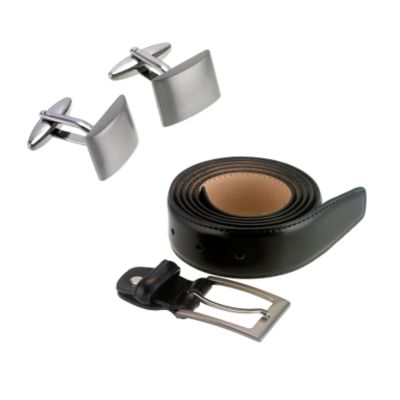 Black Leather Belt and Matching Cufflink Gift Set - Product number 6499929