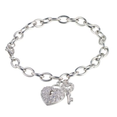 Silver Cubic Zirconia Padlock Key Charm Bracelet