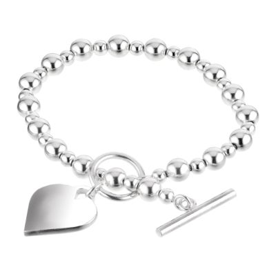 sterling Silver Heart and Ball T Bar Bracelet