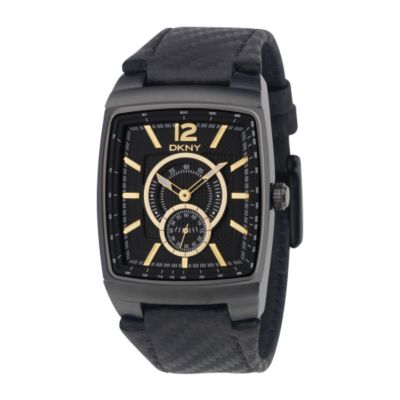 DKNY Men's Square Duo Dial Black Leather Strap Watch - Product number 6509932