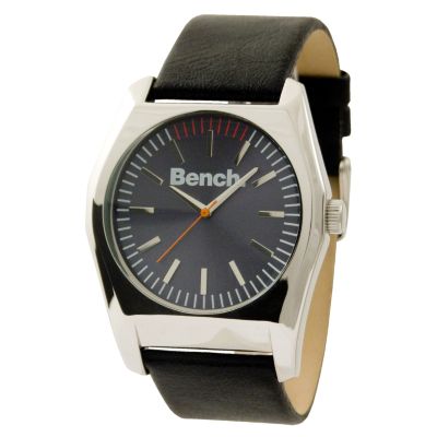 Men` Grey Dial Black Leather Strap Watch