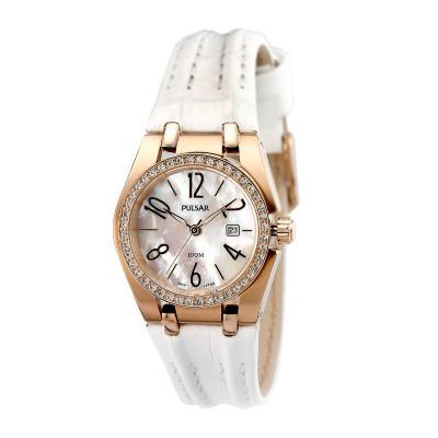 Ladies`Stone Set White Leather Strap Watch