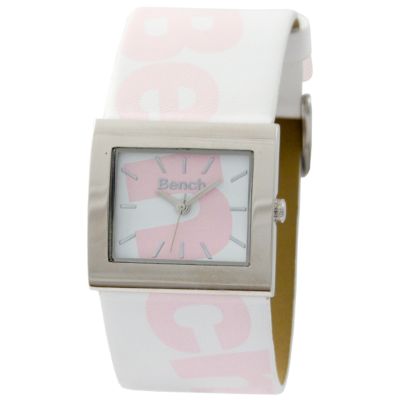 Ladies`Pink Logo White Leather Strap Watch