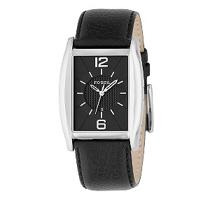 Fossil Men` Rectangular Dial Black Leather Strap Watch