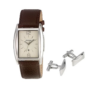 Fossil Men` Brown Leather Strap Watch and Cufflink Set