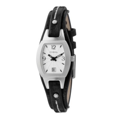 Fossil Ladies`Silver Dial Black Leather Strap Watch