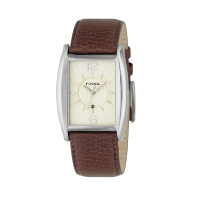 Fossil Men` Rectangular Dial Brown Leather Strap Watch