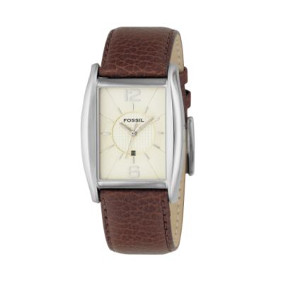 Men` Rectangular Dial Brown Leather Strap Watch