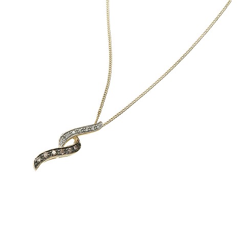 9ct gold brown and white diamond set wave pendant