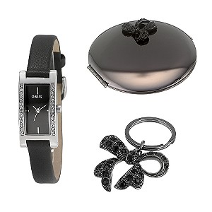 Oasis Ladies`Stone Set Strap Watch, Compact and Keyring Set