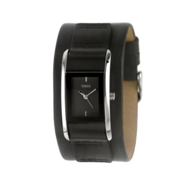 Oasis Ladies' Rectangular Dial Black Leather Cuff Watch - Product number 6513395