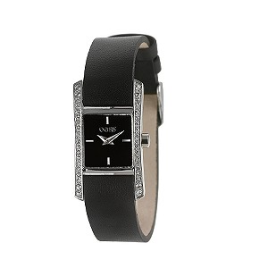 Ladies`Stone Set Black Leather Strap Watch