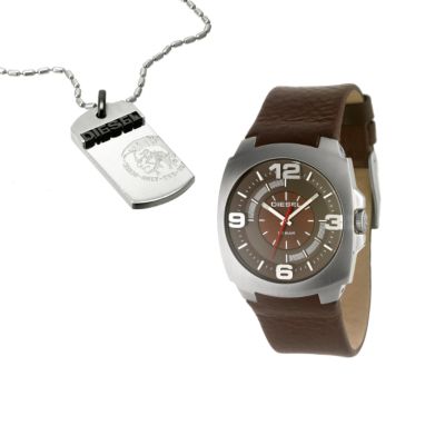 Diesel Men` Brown Dial Strap Watch And Dog Tag Set