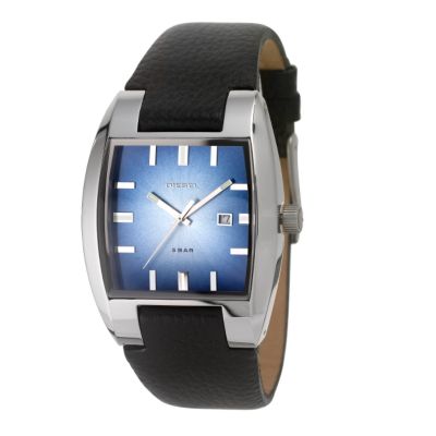 Men` White Metal Black Leather Strap Watch