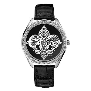 Guess Emblem Ladies`Stone Set Black Strap Watch