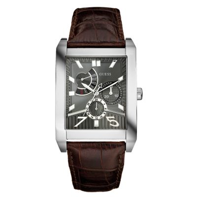 Guess Complex Men` Rectangular Dial Brown Strap Watch