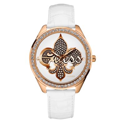 Guess Emblem Ladies`Stone Set White Strap Watch