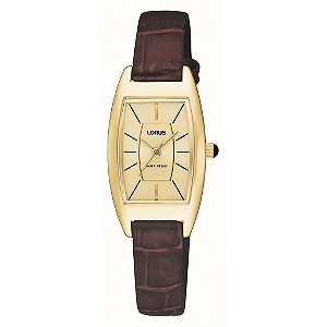 Ladies`Gold Plated Brown Leather Strap Watch
