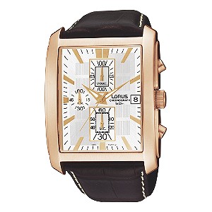 Men` Rose Gold Rectangular Chronograph Strap Watch