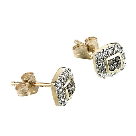 9ct gold brown and white diamond square stud