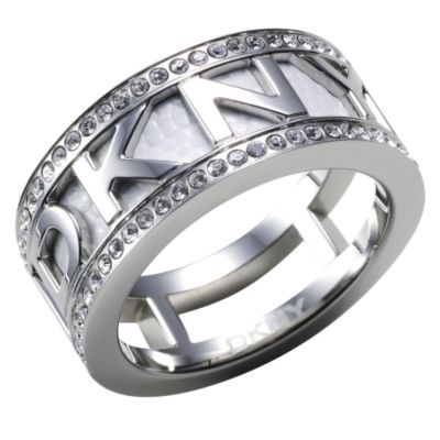 DKNY logo white leather stone set stainless steel ring
