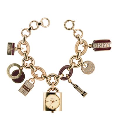 ladies gold plated charm bracelet watch