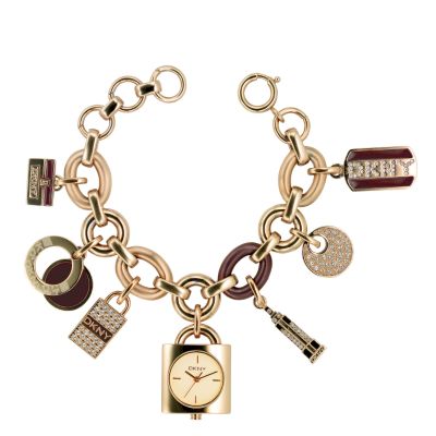 DKNY ladies gold plated charm bracelet watch