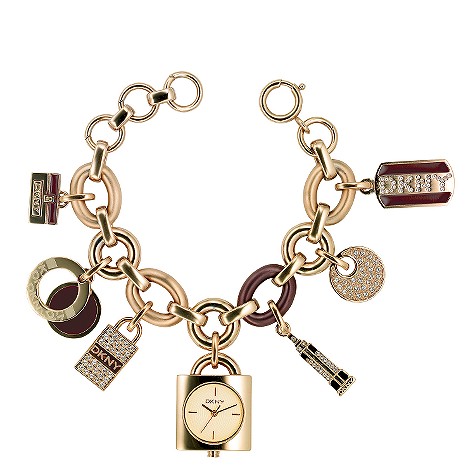 DKNY ladies gold plated charm bracelet watch