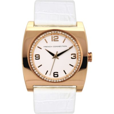 French Connection Ladies' Stone Set Champagne Dial White Strap Watch - Product number 6556582
