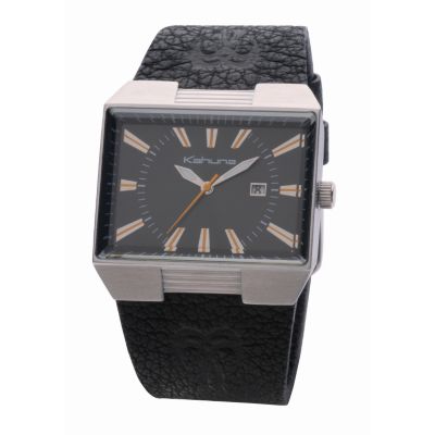 Men` Rectangular Dial Black Leather Strap Watch