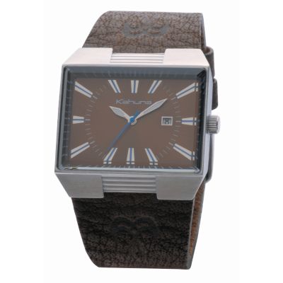 Men` Rectangular Dial Brown Leather Strap Watch