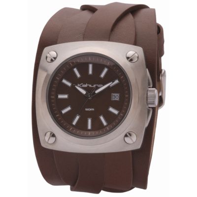 Kahuna Men` Round Dial Brown Leather Cuff Watch