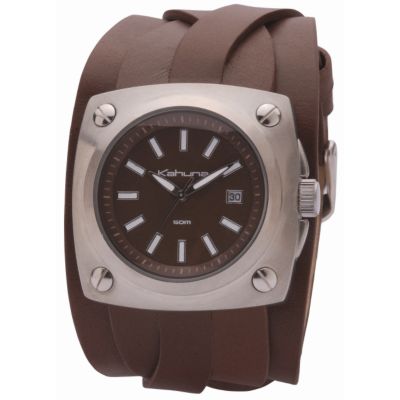 Men` Round Dial Brown Leather Cuff Watch