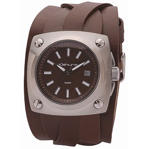 Men` Round Dial Brown Leather Cuff Watch
