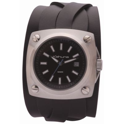 Kahuna Men` Round Dial Black Leather Cuff Watch