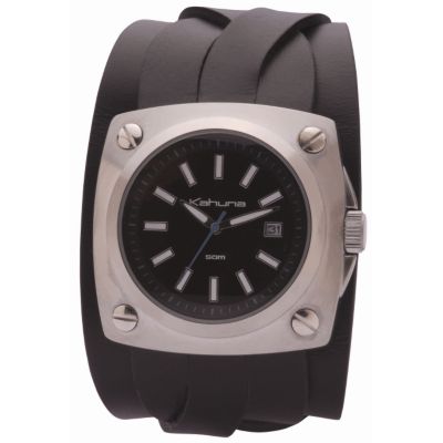 Men` Round Dial Black Leather Cuff Watch