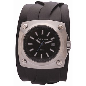 Men` Round Dial Black Leather Cuff Watch