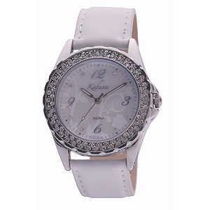 Ladies`Stone Set White Leather Strap Watch