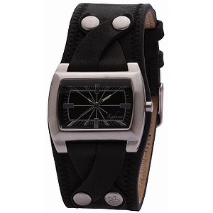 Ladies`Rectangular Dial Black Leather Cuff Watch