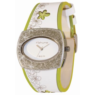 Kahuna Ladies' Floral White and Green Leather Strap Watch - Product number 6558178