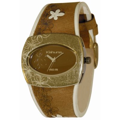 Kahuna Ladies' Floral Brown Leather Strap Watch - Product number 6558186