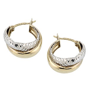 9ct Gold Two Colour Diamond Cut Double Creole Earrings