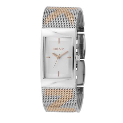 dkny ladies white dial two colour mesh bracelet