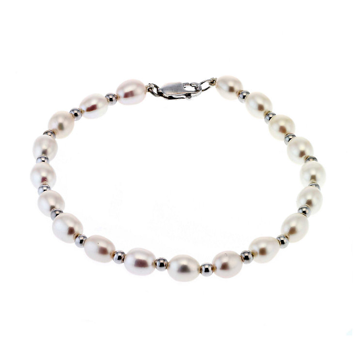 9ct white gold bead and cultured freshwater pearl bracelet - Product ...